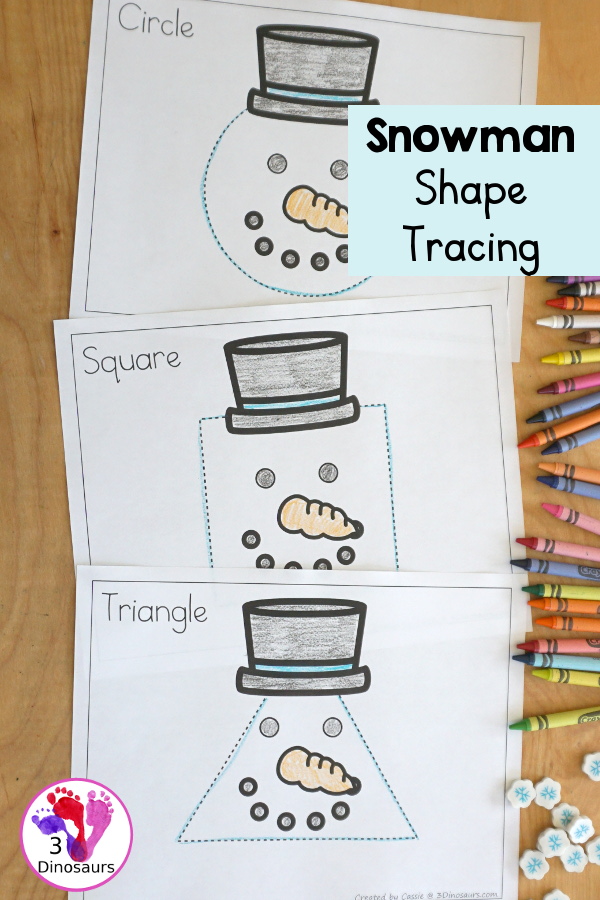 Free Snowman Shape Tracing Printable with 9 shapes for kids to trace with a winter snowman theme. Each shape is on its own page - 3Dinosaurs.com