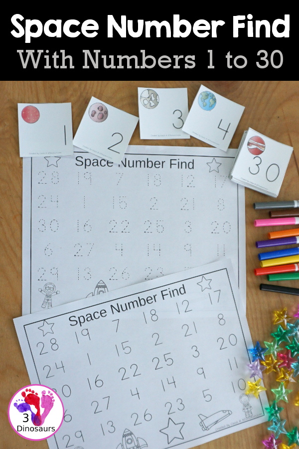 Free Space Number Find And Tracing Printables - you have numbers 1 to 30 for kids to trace or find with a fun space theme - 3Dinosaurs.com