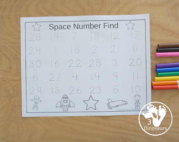 Free Space Number Find And Tracing Printables - you have numbers 1 to 30 for kids to trace or find with a fun space theme - 3Dinosaurs.com