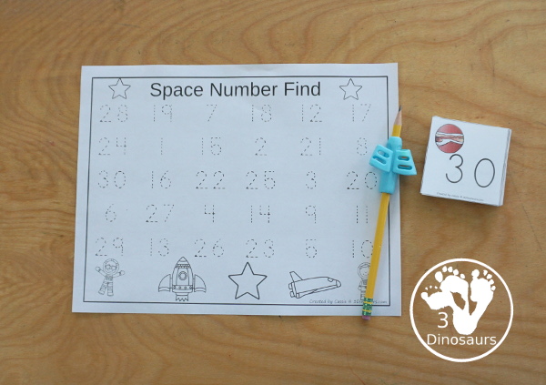 Free Space Number Find And Tracing Printables - you have numbers 1 to 30 for kids to trace or find with a fun space theme - 3Dinosaurs.com