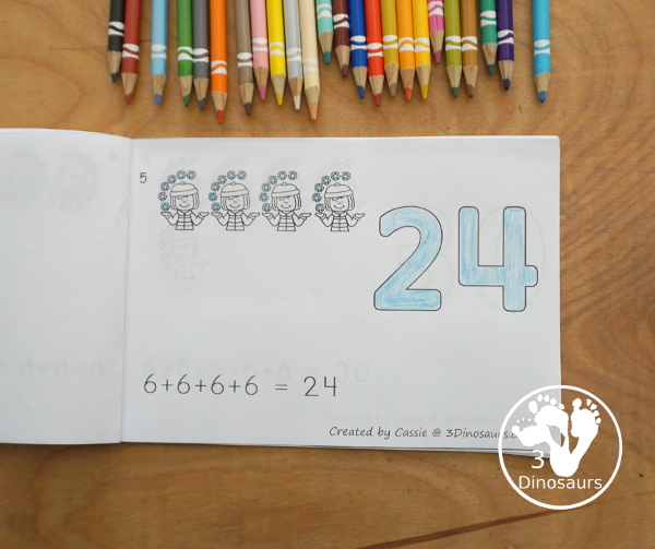 Free Winter Skip Counting by 6 Easy Reader Book - has an 14 page book with skip counting by 6 with visual skip counting by 6, 6 repeat addition, and numbers for the skip counting by 6 on each page for a great visual way to work on skip counting - 3Dinosaurs.com