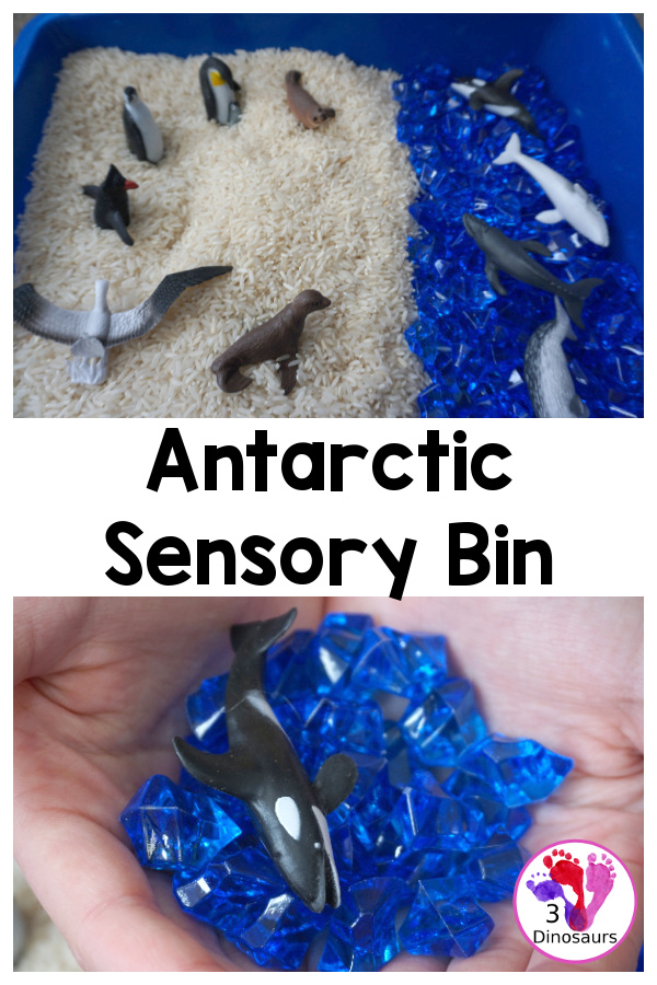 Antarctic Sensory Bin - a simple Antarctic sensory bin with animals, rice and acrylic blue rocks. Easy to set up and play time for kids - 3Dinosaurs.com