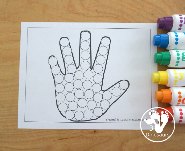 Free Hand Fine Motor Mat Printables has four fine motor mats to use. You have a hand template printables, hand tracing printable, hand cotton swab printable and a hand dot marker printable. 5 free hand printables to use with kids in PreK and kindergarten - 3Dinosaurs.com