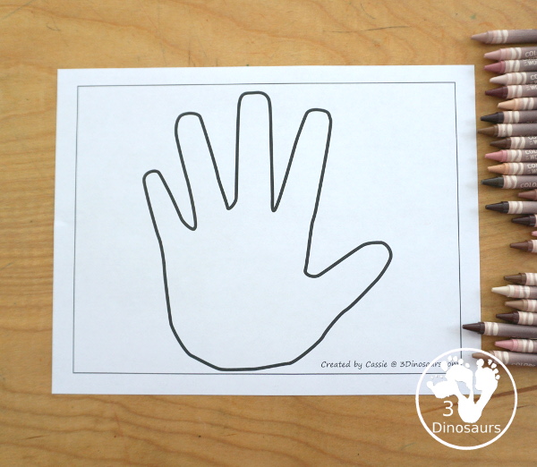 Free Hand Fine Motor Mat Printables has four fine motor mats to use. You have a hand template printables, hand tracing printable, hand cotton swab printable and a hand dot marker printable. 5 free hand printables to use with kids in PreK and kindergarten - 3Dinosaurs.com