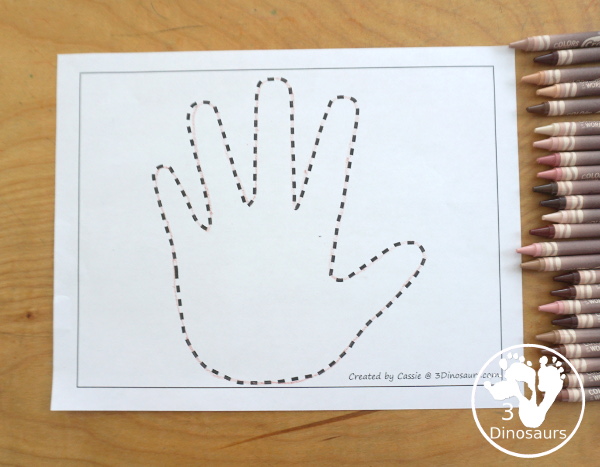 Free Hand Fine Motor Mat Printables has four fine motor mats to use. You have a hand template printables, hand tracing printable, hand cotton swab printable and a hand dot marker printable. 5 free hand printables to use with kids in PreK and kindergarten - 3Dinosaurs.com