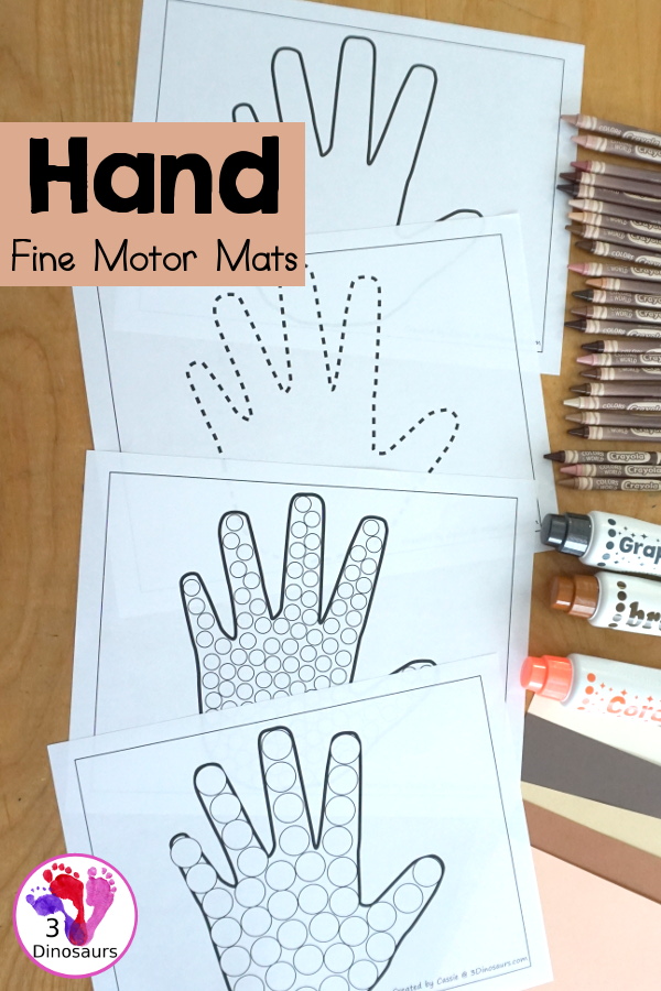 Free Hand Fine Motor Mat Printables has four fine motor mats to use. You have a hand template printables, hand tracing printable, hand cotton swab printable and a hand dot marker printable. 5 free hand printables to use with kids in PreK and kindergarten - 3Dinosaurs.com