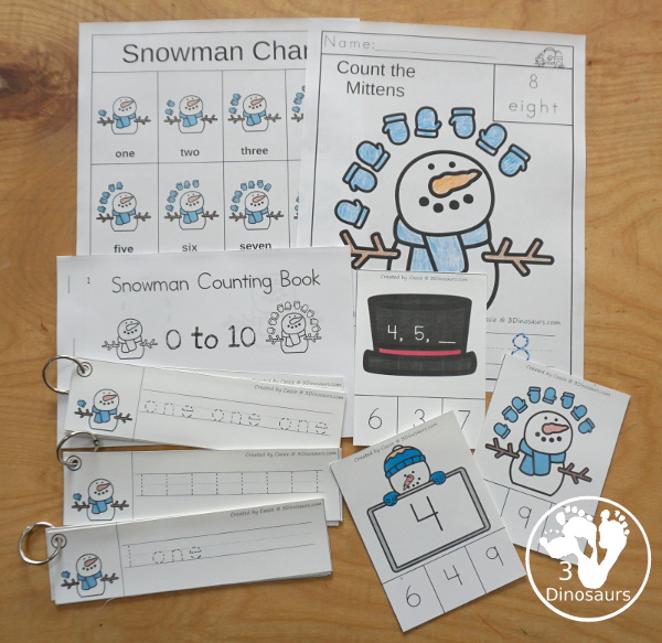 Snowman Activities Pack with Prewriting, Shapes, ABCs, and Numbers - 191 pages of activities with no-prep pages, clip cards, and tracing strips to help with learning skills. A great addition to any Snowman activity or theme. - 3Dinosaurs.com