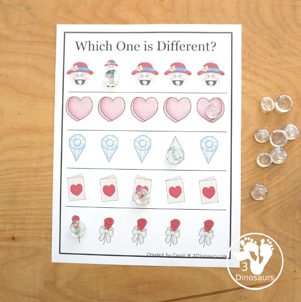 Valentines Pack - 2 which one is different worksheets for kids in prek and kindergarten.
