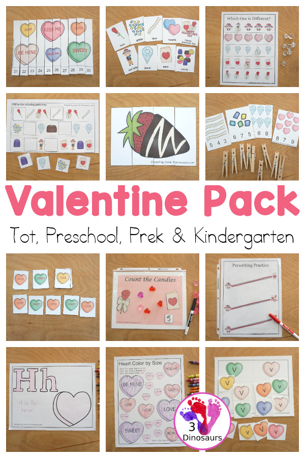 Free Valentines Printable Pack - a great mix of hands-on and no-prep valentines printables for kids in tot, preschool, prek, and kindergarten. You have a tot & preschool pack and a PreK & Kindergarten pack. Over 160 pages of printables - 3Dinosaurs.com