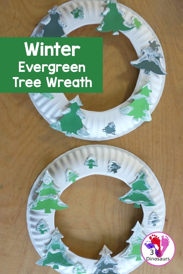 Winter Evergreen Tree Wreath Craft - a fun winter theme wreath with evergreen trees with white q-tip painting a fun craft for prek and kindergarten - 3Dinosaurs.com