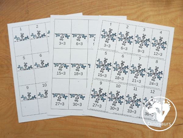 Winter Multiplication & Division Cut & Paste and Matching with cut and paste worksheets for division and multiplication with numbers 1 to 12 and match puzzles and matching mats for division and multiplication. It has a great winter snowflake theme for the printables - 3Dinosaurs.com