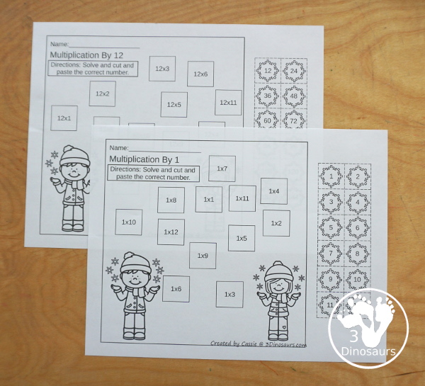 Winter Multiplication & Division Cut & Paste and Matching with cut and paste worksheets for division and multiplication with numbers 1 to 12 and match puzzles and matching mats for division and multiplication. It has a great winter snowflake theme for the printables - 3Dinosaurs.com