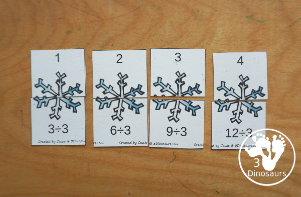 Winter Multiplication & Division Cut & Paste and Matching with cut and paste worksheets for division and multiplication with numbers 1 to 12 and match puzzles and matching mats for division and multiplication. It has a great winter snowflake theme for the printables - 3Dinosaurs.com