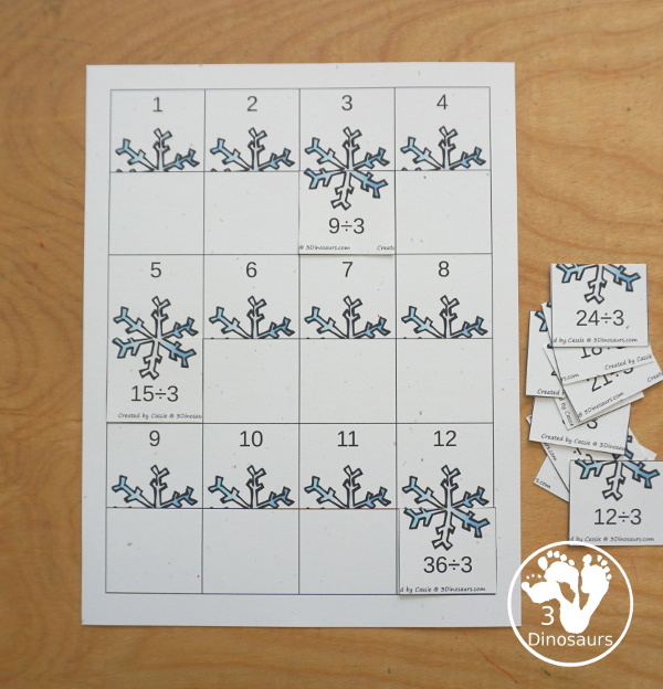 Winter Multiplication & Division Cut & Paste and Matching with cut and paste worksheets for division and multiplication with numbers 1 to 12 and match puzzles and matching mats for division and multiplication. It has a great winter snowflake theme for the printables - 3Dinosaurs.com