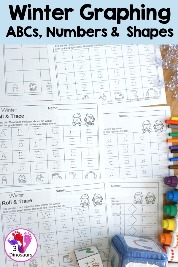 Winter Roll & Graph With Trace Letters, Numbers & Shapes with a folding die and cube die with a graphing sheet, graphing with tracing numbers, graphing with tracing letters and graphing with tracing shapes. All with a fun winter clothes theme for winter for prek and kindergarten - 3Dinosaurs.com