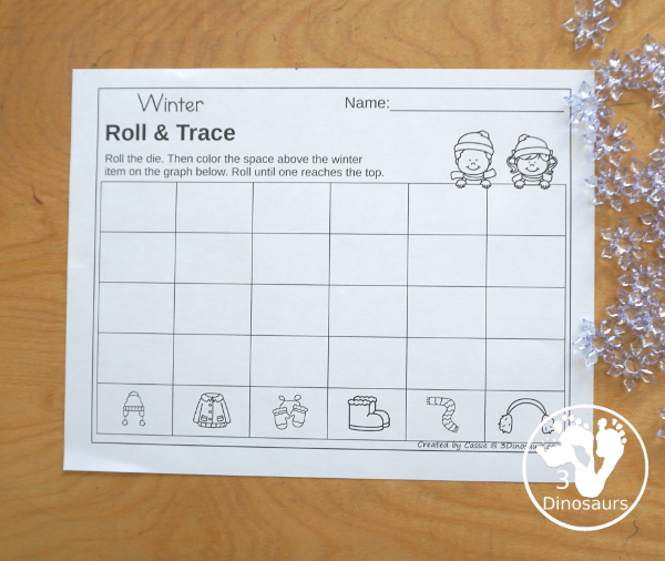 Winter Roll & Graph With Trace Letters, Numbers & Shapes with a folding die and cube die with a graphing sheet, graphing with tracing numbers, graphing with tracing letters and graphing with tracing shapes. All with a fun winter clothes theme for winter for prek and kindergarten - 3Dinosaurs.com