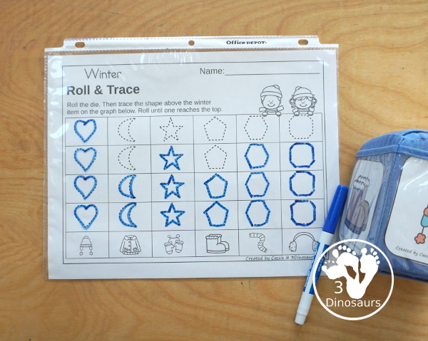 Winter Roll & Graph With Trace Letters, Numbers & Shapes with a folding die and cube die with a graphing sheet, graphing with tracing numbers, graphing with tracing letters and graphing with tracing shapes. All with a fun winter clothes theme for winter for prek and kindergarten - 3Dinosaurs.com
