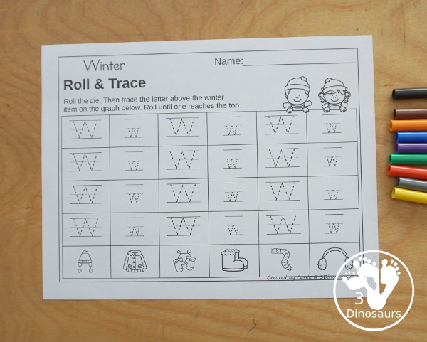 Winter Roll & Graph With Trace Letters, Numbers & Shapes with a folding die and cube die with a graphing sheet, graphing with tracing numbers, graphing with tracing letters and graphing with tracing shapes. All with a fun winter clothes theme for winter for prek and kindergarten - 3Dinosaurs.com