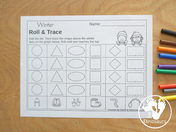 Winter Roll & Graph With Trace Letters, Numbers & Shapes with a folding die and cube die with a graphing sheet, graphing with tracing numbers, graphing with tracing letters and graphing with tracing shapes. All with a fun winter clothes theme for winter for prek and kindergarten - 3Dinosaurs.com