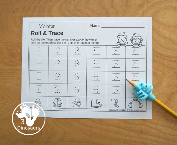 Winter Roll & Graph With Trace Letters, Numbers & Shapes with a folding die and cube die with a graphing sheet, graphing with tracing numbers, graphing with tracing letters and graphing with tracing shapes. All with a fun winter clothes theme for winter for prek and kindergarten - 3Dinosaurs.com
