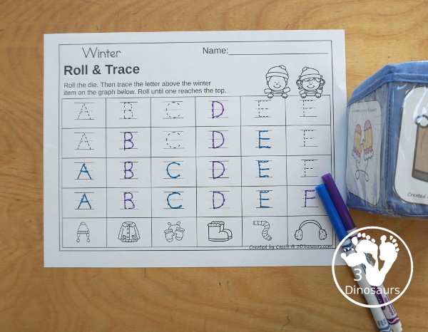 Winter Roll & Graph With Trace Letters, Numbers & Shapes with a folding die and cube die with a graphing sheet, graphing with tracing numbers, graphing with tracing letters and graphing with tracing shapes. All with a fun winter clothes theme for winter for prek and kindergarten - 3Dinosaurs.com