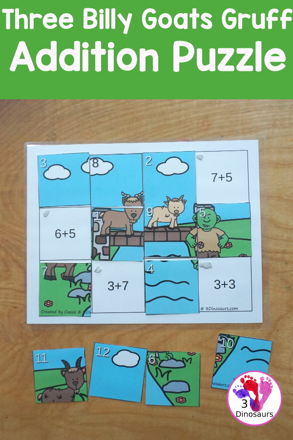 Free Three Billy Goats Gruff Themed Addition Puzzle - with addition from 1 to 12 with a hands-on matching puzzles with the Billy Goats, the bridge and the troll. - 3Dinosaurs.com