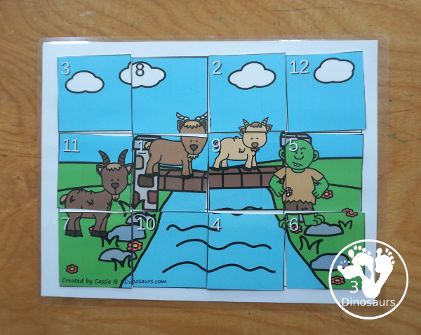 Free Three Billy Goats Gruff Themed Addition Puzzle - with addition from 1 to 12 with a hands-on matching puzzles with the Billy Goats, the bridge and the troll. - 3Dinosaurs.com