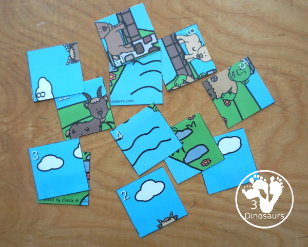 Free Three Billy Goats Gruff Themed Addition Puzzle - with addition from 1 to 12 with a hands-on matching puzzles with the Billy Goats, the bridge and the troll. - 3Dinosaurs.com