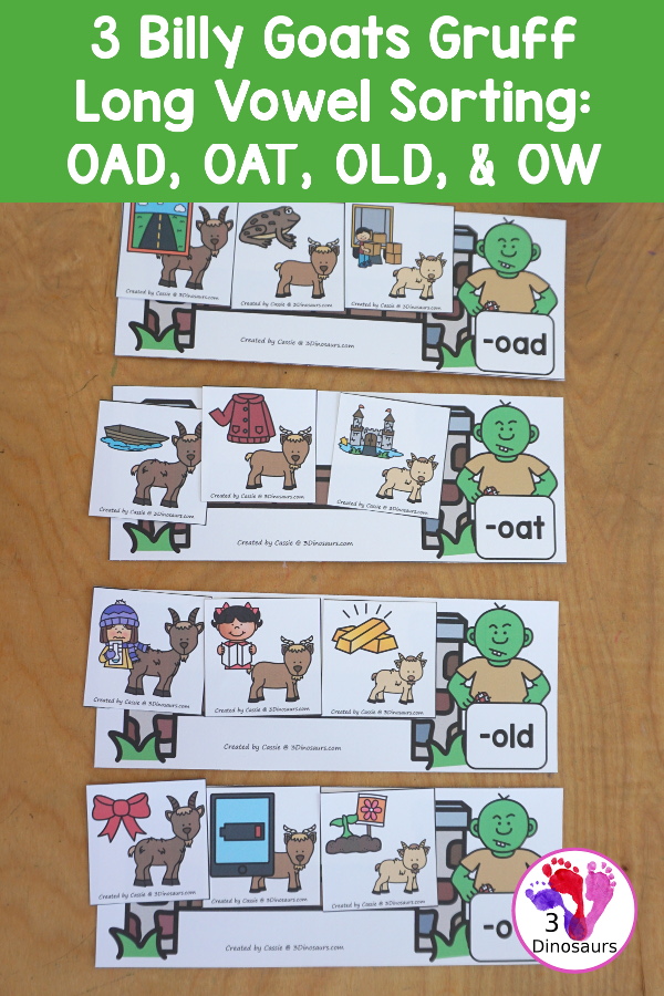Free Three Billy Goat Long Vowel Sorting: OAD, OAT, OLD, & OW - work on sorting three long vowel words with the same word ending. A great way to see pictures of the words and great story for sorting the three goats - 3Dinosaurs.com