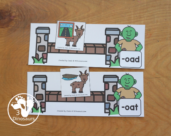 Free Three Billy Goat Long Vowel Sorting: OAD, OAT, OLD, & OW - work on sorting three long vowel words with the same word ending. A great way to see pictures of the words and great story for sorting the three goats - 3Dinosaurs.com