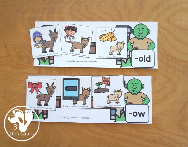 Free Three Billy Goat Long Vowel Sorting: OAD, OAT, OLD, & OW - work on sorting three long vowel words with the same word ending. A great way to see pictures of the words and great story for sorting the three goats - 3Dinosaurs.com
