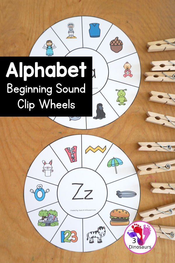 Alphabet Beginning Sound Clip Wheel Printable - all 26 letters of the alphabet with letters in the middle and images around the wheel for kids to clip the words that have that letter sound. There are bookmarks to use as answer keys. - 3Dinosaurs.com