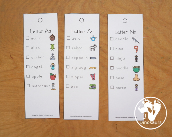 Alphabet Beginning Sound Clip Wheel Printable - all 26 letters of the alphabet with letters in the middle and images around the wheel for kids to clip the words that have that letter sound. There are bookmarks to use as answer keys. - 3Dinosaurs.com