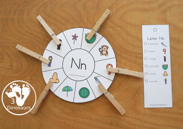 Alphabet Beginning Sound Clip Wheel Printable - all 26 letters of the alphabet with letters in the middle and images around the wheel for kids to clip the words that have that letter sound. There are bookmarks to use as answer keys. - 3Dinosaurs.com