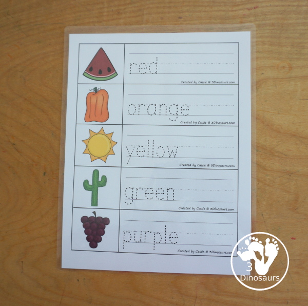 Free Color Word Tracing Strip Printables - tracing strips with the color word, color word beginning sound, and writing the color word. You have 11 color words for kids to learn. - 3Dinosaurs.com