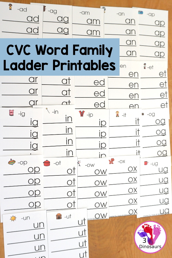 Free CVC Word Family Ladder Printables - 22 CVC word ladders for kids to build CVC words. A great hands-on word building activity for CVC word family words. Kids can build 5 words with the same ending. - 3Dinosaurs.com