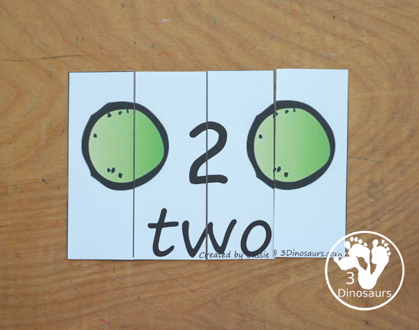 Free Number Four Piece Puzzle Printables - with gumballs pictures to match the number and number word on each puzzle. A great matching activity for numbers that is great for prek and kindergarten. - 3Dinosaurs.com