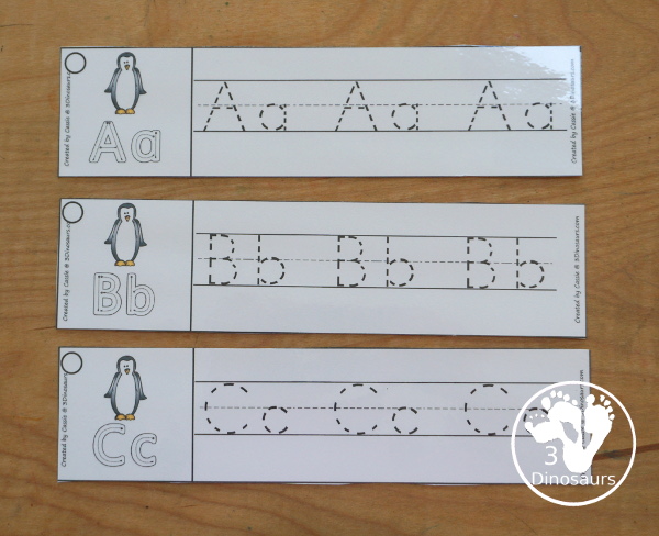 Free Penguin ABC Tracing Strips - with uppercase and lowercase together. You have fun kids with a penguin, plus you can see an example of how to trace the letters - 3Dinosaurs.com