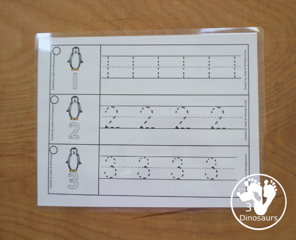 Free Penguin Number Tracing Strips - with numbers 0 to 20. You can tracing the numbers and an example of how to trace the numbers on the strips, plus a penguin on each tracing strip. - 3Dinosaurs.com
