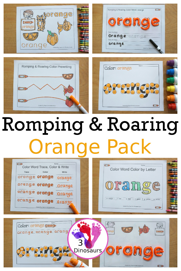 Free Romping & Roaring Color Orange Word Pack - 8 pages of activities that work on learning the color orange and the color word orange.- 3Dinosaurs.com