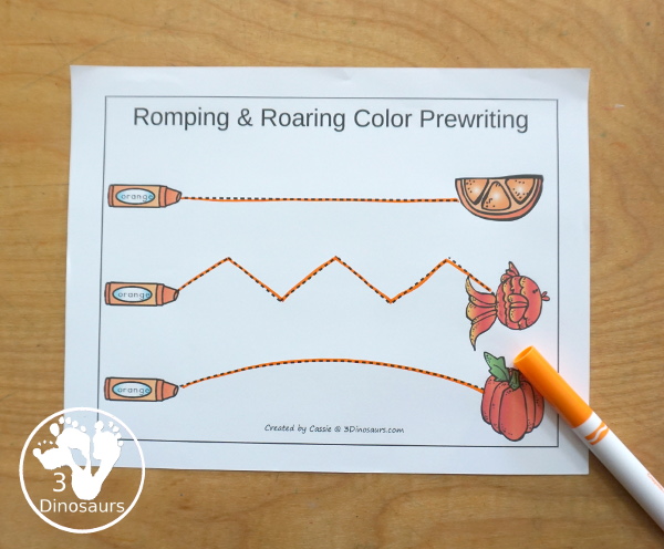 Free Romping & Roaring Color Orange Word Pack - 8 pages of activities that work on learning the color orange and the color word orange.- 3Dinosaurs.com