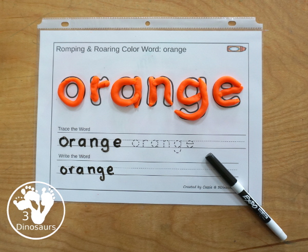 Free Romping & Roaring Color Orange Word Pack - 8 pages of activities that work on learning the color orange and the color word orange.- 3Dinosaurs.com