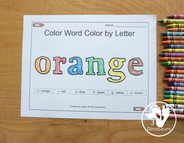 Free Romping & Roaring Color Orange Word Pack - 8 pages of activities that work on learning the color orange and the color word orange.- 3Dinosaurs.com