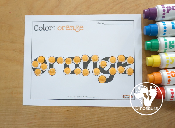 Free Romping & Roaring Color Orange Word Pack - 8 pages of activities that work on learning the color orange and the color word orange.- 3Dinosaurs.com