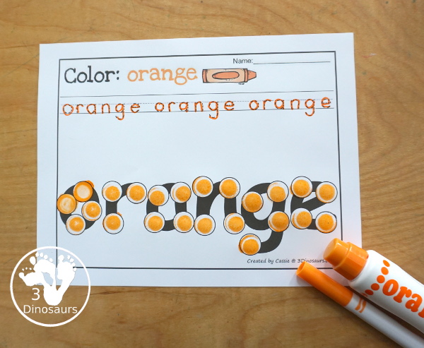 Free Romping & Roaring Color Orange Word Pack - 8 pages of activities that work on learning the color orange and the color word orange.- 3Dinosaurs.com