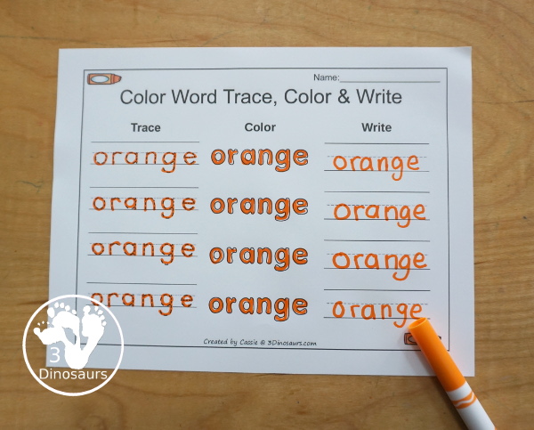Free Romping & Roaring Color Orange Word Pack - 8 pages of activities that work on learning the color orange and the color word orange.- 3Dinosaurs.com
