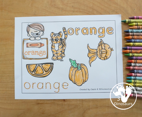 Free Romping & Roaring Color Orange Word Pack - 8 pages of activities that work on learning the color orange and the color word orange.- 3Dinosaurs.com