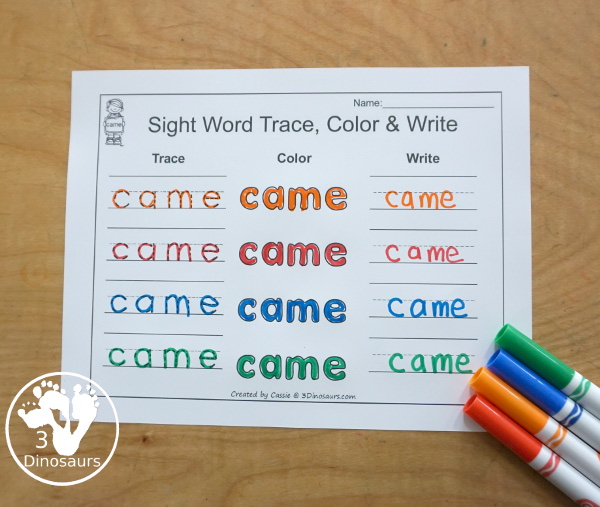 Free Romping & Roaring Primer Sight Words: but, came, did, do. You have 6 pages of printables for each sight word. You have easy to use worksheets and a playdough mat for each word. - 3Dinosaurs.com