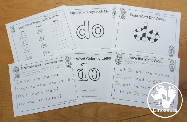 Romping & Roaring Primer Sight Words:  do. You have 6 pages of printables for each sight word. You have easy to use worksheets and a playdough mat for each word. - 3Dinosaurs.com