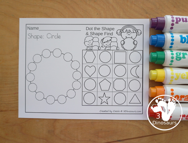 Shapes: Dot Shape & Find the Shape Printable - 15 shape dot marker printables with shape find with the dot marker shape. A great kindergarten and prek shape printable - 3Dinosaurs.com